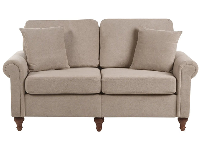 2 Seater Sofa Taupe Fabric Upholstery Scrolled Arms Wood Frame Throw Pillows Modern Living Room Beliani