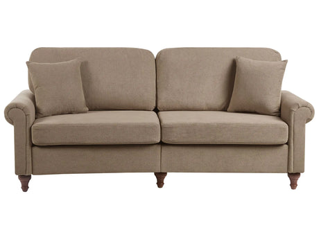3 Seater Sofa Brown Fabric Upholstery Scrolled Arms Wood Frame Throw Pillows Modern Living Room Beliani