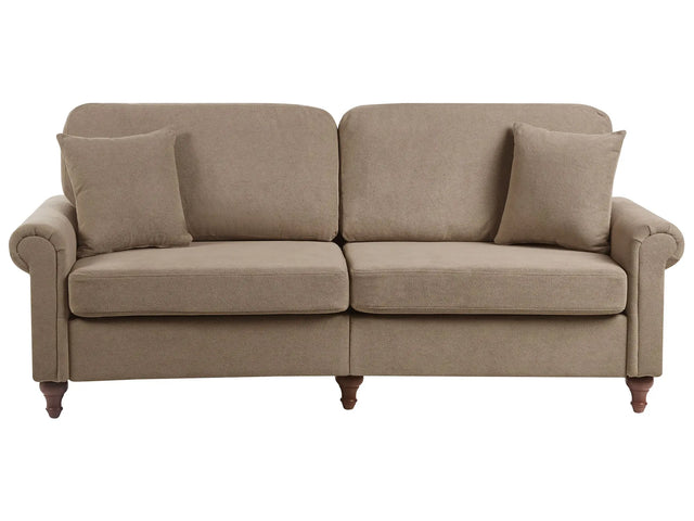 3 Seater Sofa Brown Fabric Upholstery Scrolled Arms Wood Frame Throw Pillows Modern Living Room Beliani