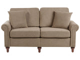2 Seater Sofa Brown Fabric Upholstery Scrolled Arms Wood Frame Throw Pillows Modern Living Room Beliani