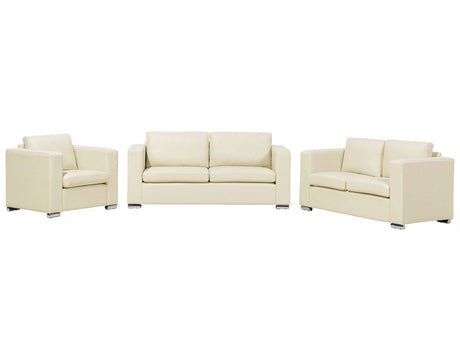 Sofa Set Suite 3+2+1 Light Beige Split Leather Upholstery Chromed Legs 3 Seater Loveseat Armchair Bundle Beliani