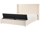 EU Super King Size Panel Bed Off White Velvet 6ft Slatted Base High Headrest with Storage Bench Beliani