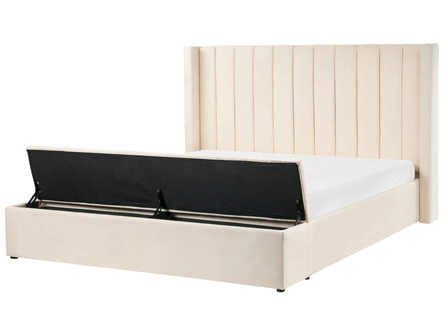 EU Super King Size Panel Bed Off White Velvet 6ft Slatted Base High Headrest with Storage Bench Beliani