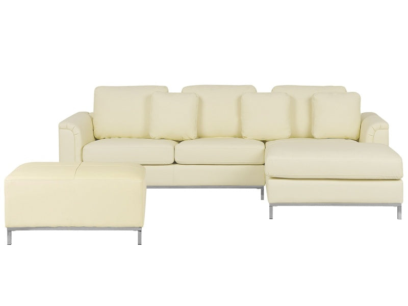 Corner Sofa Beige Leather Upholstered with Ottoman L-shaped Left Hand Orientation Beliani