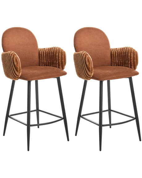 Set of 2 Bar Chairs Brown Fabric Upholstery With Velvet Armrests Retro Beliani