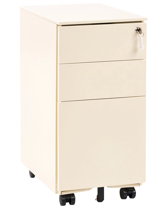 Storage Cabinet Light Beige Metal with 3 Drawers Key Lock Castors Industrial Modern Home Office Garage Beliani
