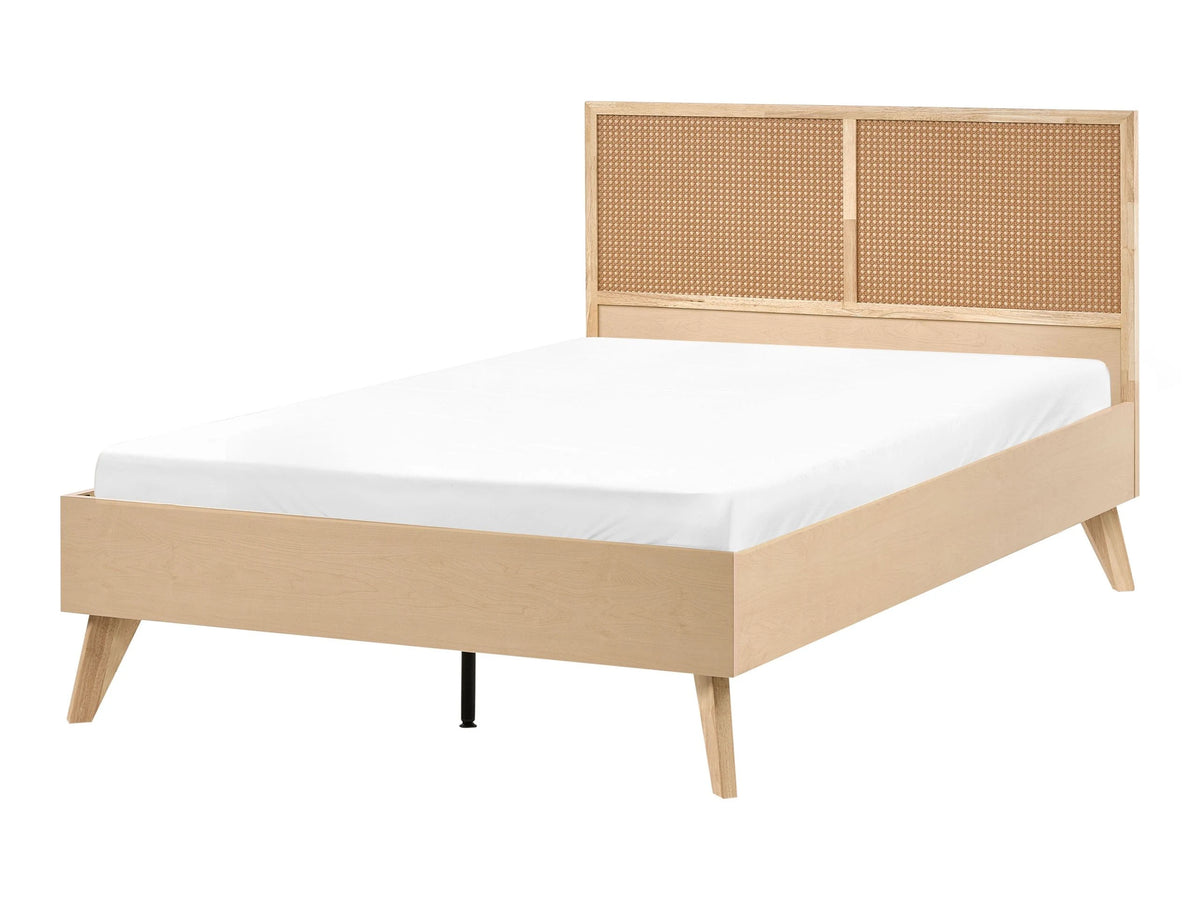 Bed Light Brown PE Rattan Particle Board Rubberwood EU Small Double Size 4ft Slatted Frame Bed Base Braided Headboard Modern Boho Beliani