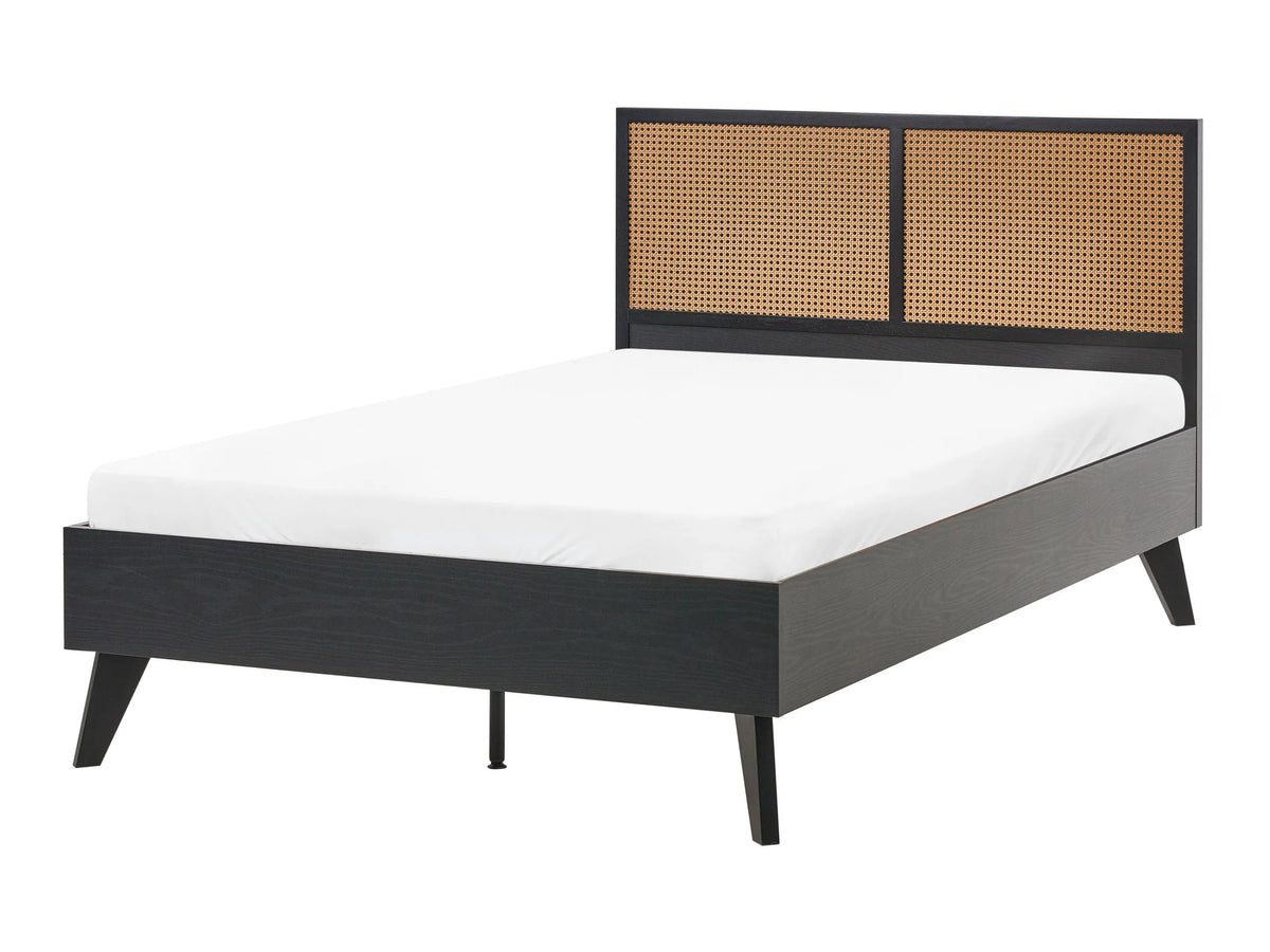 Bed Black PE Rattan Particle Board Rubberwood EU Small Double Size 4ft Slatted Frame Bed Base Braided Headboard Modern Boho Beliani