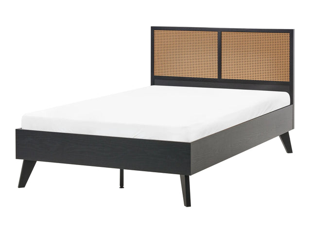 Bed Black PE Rattan Particle Board Rubberwood EU Small Double Size 4ft Slatted Frame Bed Base Braided Headboard Modern Boho Beliani