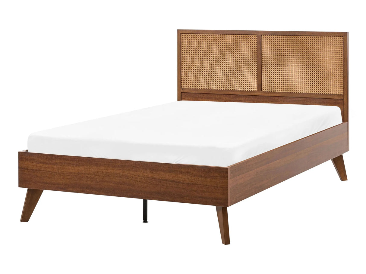 Bed Dark Brown PE Rattan Particle Board Rubberwood EU Small Double Size 4ft Slatted Frame Bed Base Braided Headboard Modern Boho Beliani