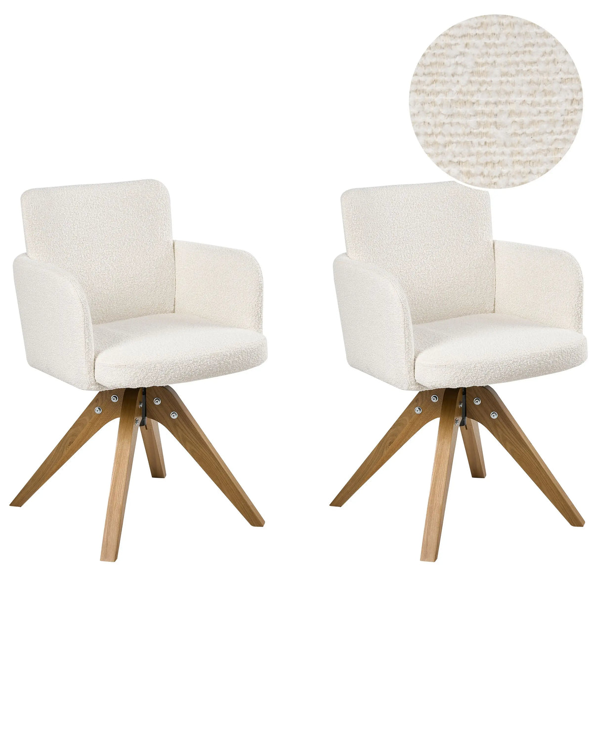 Set of 2 Boucle Swivel Dining Chairs Off-White Fabric Upholstery Metal Rotating Wooden Legs Base Beliani