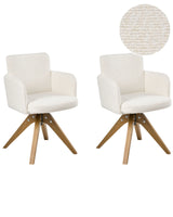 Set of 2 Boucle Swivel Dining Chairs Off-White Fabric Upholstery Metal Rotating Wooden Legs Base Beliani
