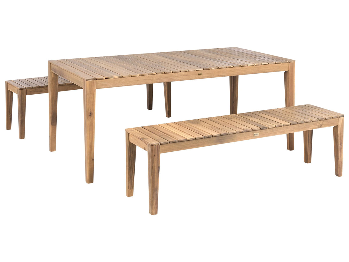 Garden Dining Set 2 Benches and Table Light Brown Certified Acacia Wood Rectangular Top Rustic Style Outdoor Beliani