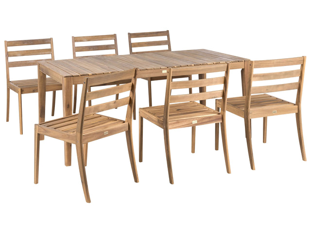 Garden Dining Set 6 Chairs and Table Light Brown Certified Acacia Wood Rectangular Top Rustic Style Outdoor Beliani
