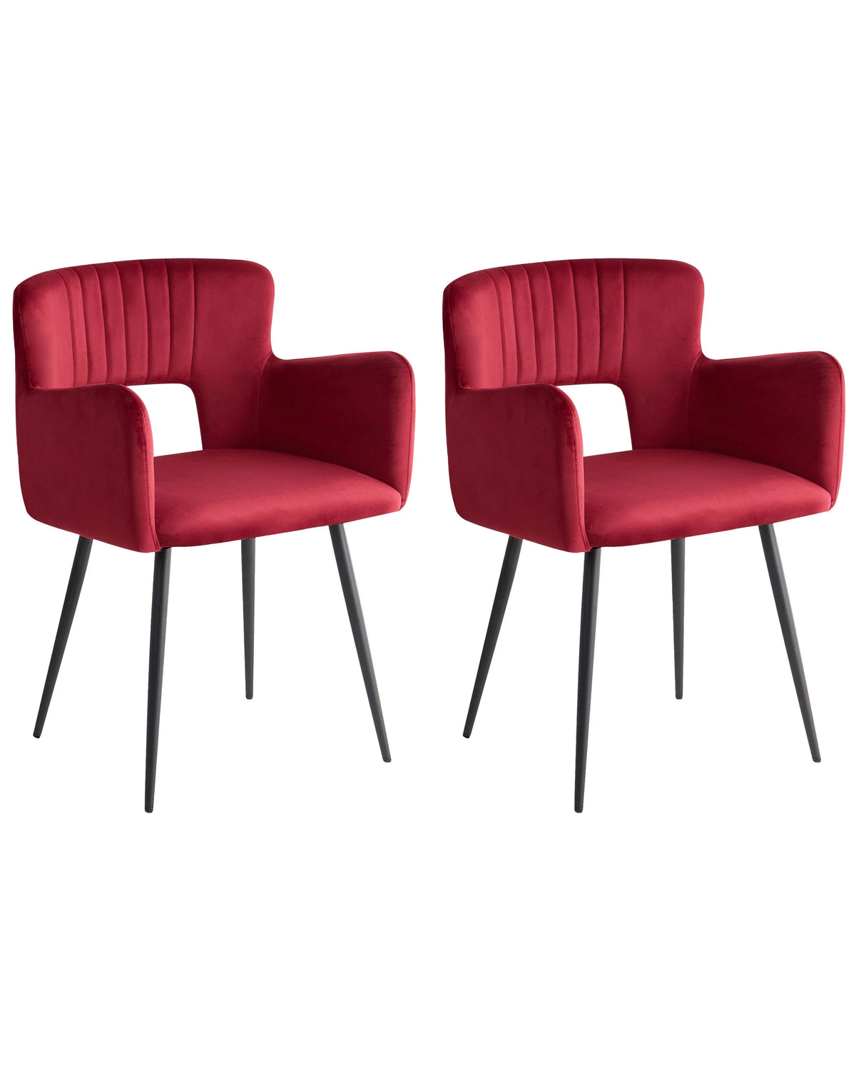Set of 2 Chairs Dining Chair Red Velvet with Armrests Cut-Out Backrest Black Metal Legs Beliani