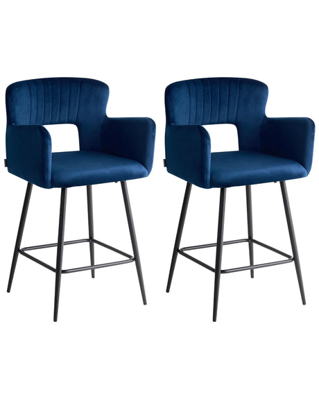 Set of 2 Chairs Bar Chair Navy Blue Velvet with Armrests Cut-Out Backrest Black Metal Legs Beliani