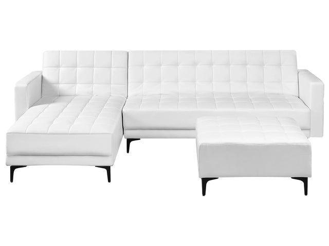 Right Hand Corner Sofa Bed White Faux Leather Tufted Modern L-Shaped Modular 4 Seater with Ottoman Chaise Longue Beliani