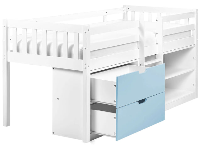 Kids Bed White and Blue Wood EU Single Size 3ft with Slatted Frame Drawers and Shelves Bed for Toddler Beliani