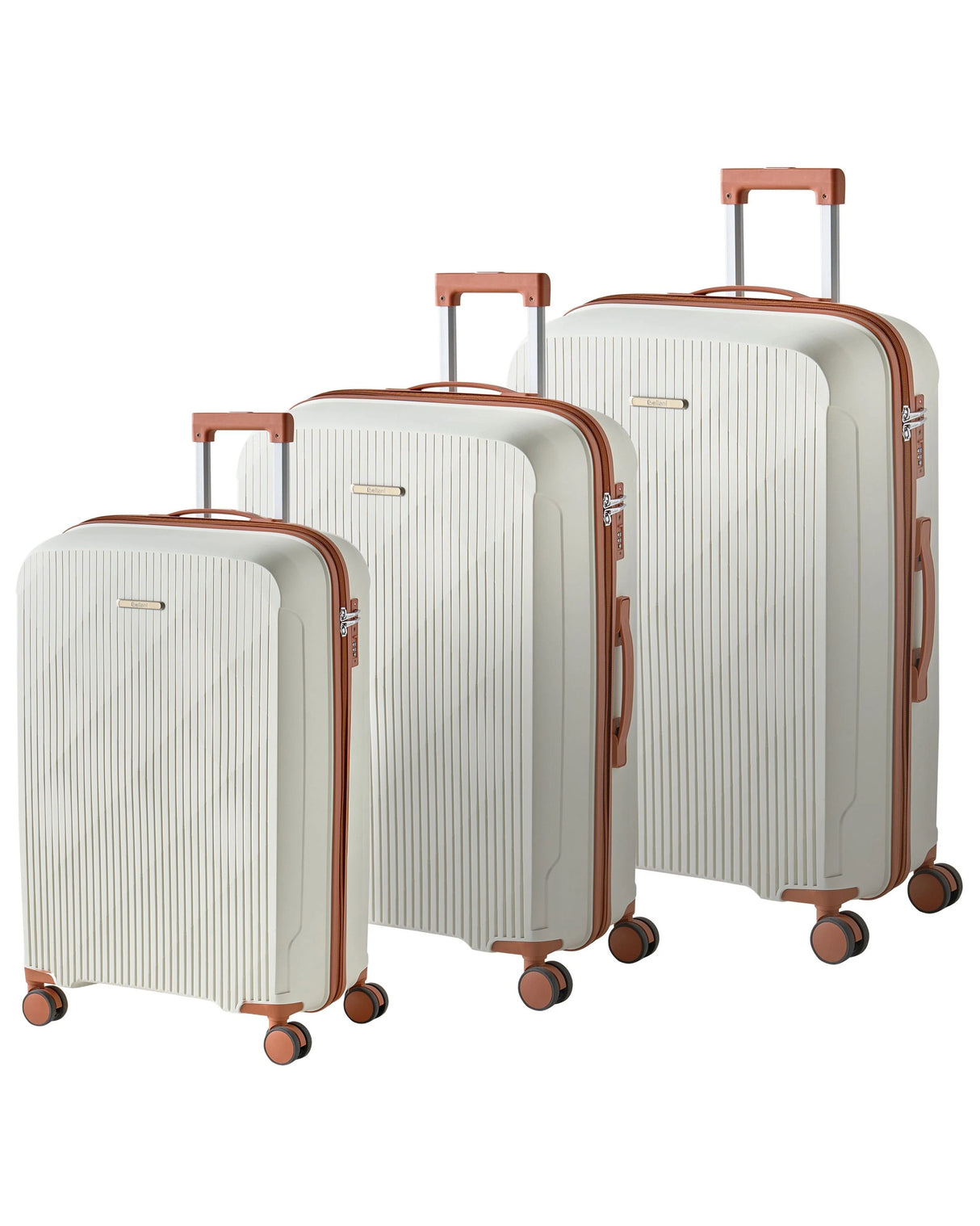 Set of 3 Hard Shell Suitcases Off-White and Brown Synthetic Material Iron TSA Lock Silent Wheels Anti-Theft Zipper 3 Sizes Modern Beliani
