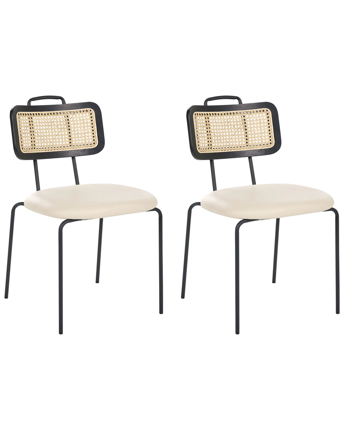 Set of 2 Dining Chairs Light Beige Faux Leather Seat PE Rattan Back Iron Legs Armless Protective Caps Modern Boho Design Beliani