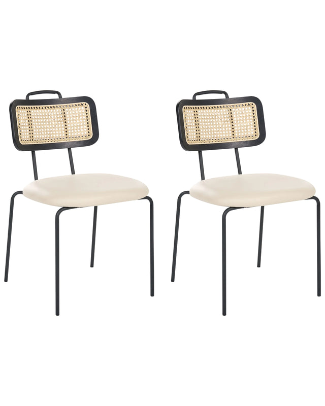 Set of 2 Dining Chairs Light Beige Faux Leather Seat PE Rattan Back Iron Legs Armless Protective Caps Modern Boho Design Beliani