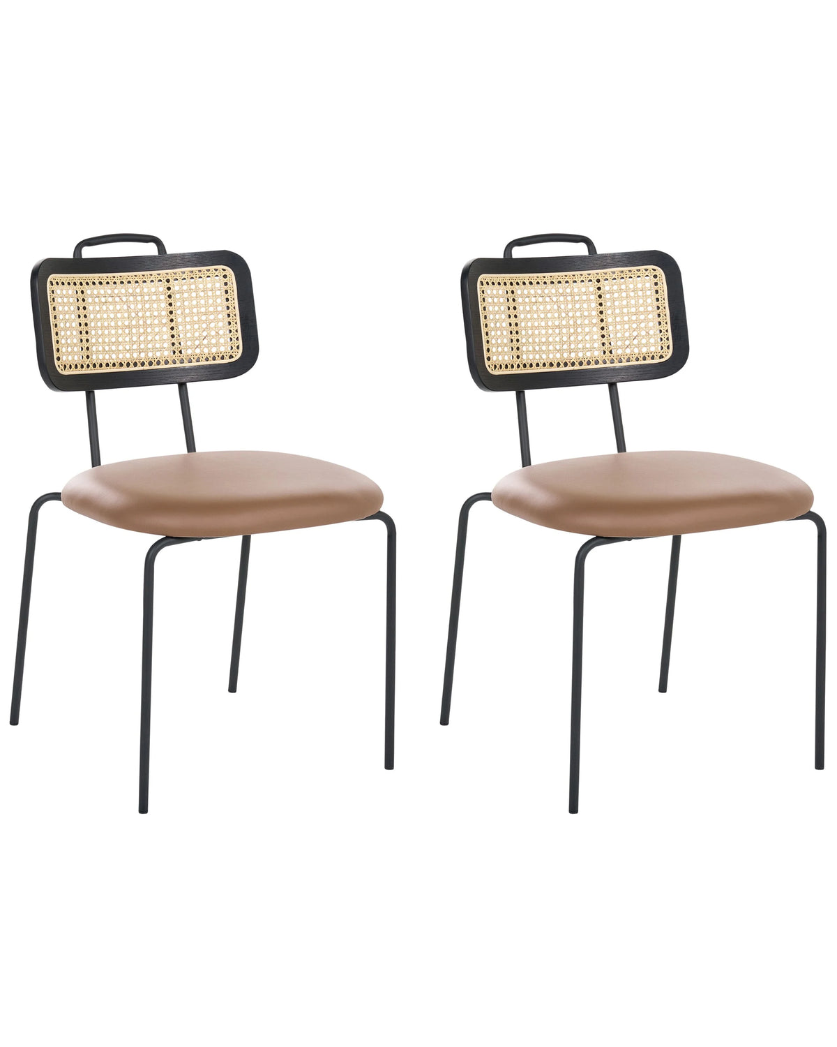 Set of 2 Dining Chairs Brown Faux Leather Seat PE Rattan Back Iron Legs Armless Protective Caps Modern Boho Design Beliani
