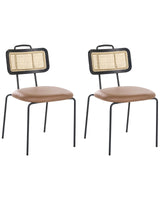 Set of 2 Dining Chairs Brown Faux Leather Seat PE Rattan Back Iron Legs Armless Protective Caps Modern Boho Design Beliani