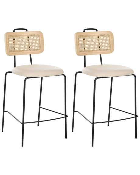 Set of 2 Bar Chairs Light Beige Faux Leather Seat PE Rattan Back Iron Legs Armless Protective Caps Modern Boho Design Beliani