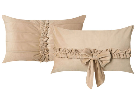 Set of 2 Scatter Cushions Beige Velvet Bow Motif 50 x 30 cm Decoration Accessory Beliani