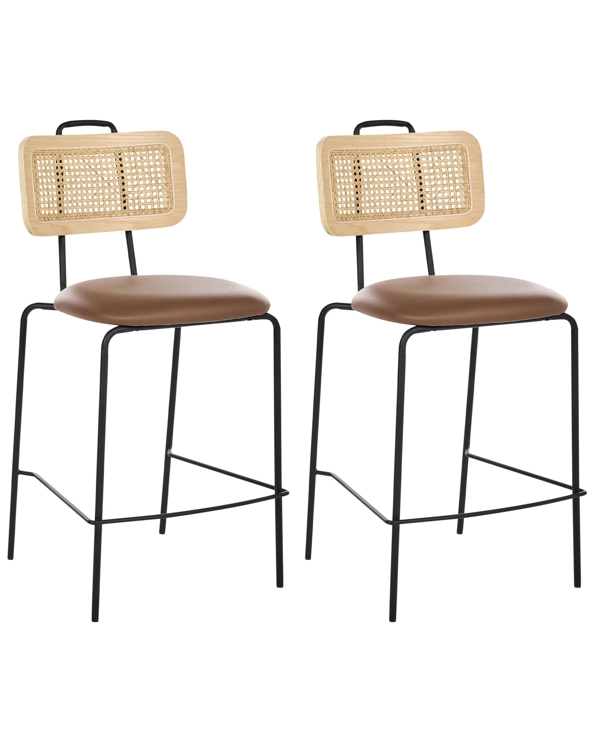 Set of 2 Bar Chairs Brown Faux Leather Seat PE Rattan Back Iron Legs Armless Protective Caps Modern Boho Design Beliani
