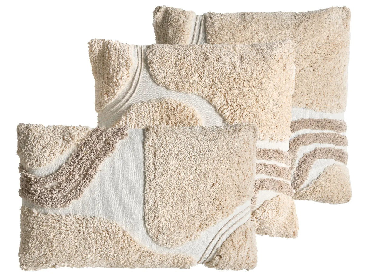 Set of 3 Scatter Cushions Beige and White Cotton Fabric Tufted Pattern 45/30 x 45/50 cm Throw Pillow Beliani