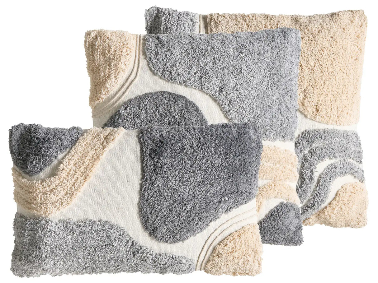 Set of 3 Scatter Cushions Beige and Grey Cotton Fabric Tufted Pattern 45/30 x 45/50 cm Throw Pillow Beliani