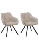 Set of 2 Dining Chairs Beige Fabric with Arms  Quilted Backrest Black Metal Legs Retro Transitional Beliani