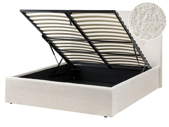 Ottoman Bed Off White Boucle Upholstery EU Double Size Headboard Storage Function Modern Design Beliani
