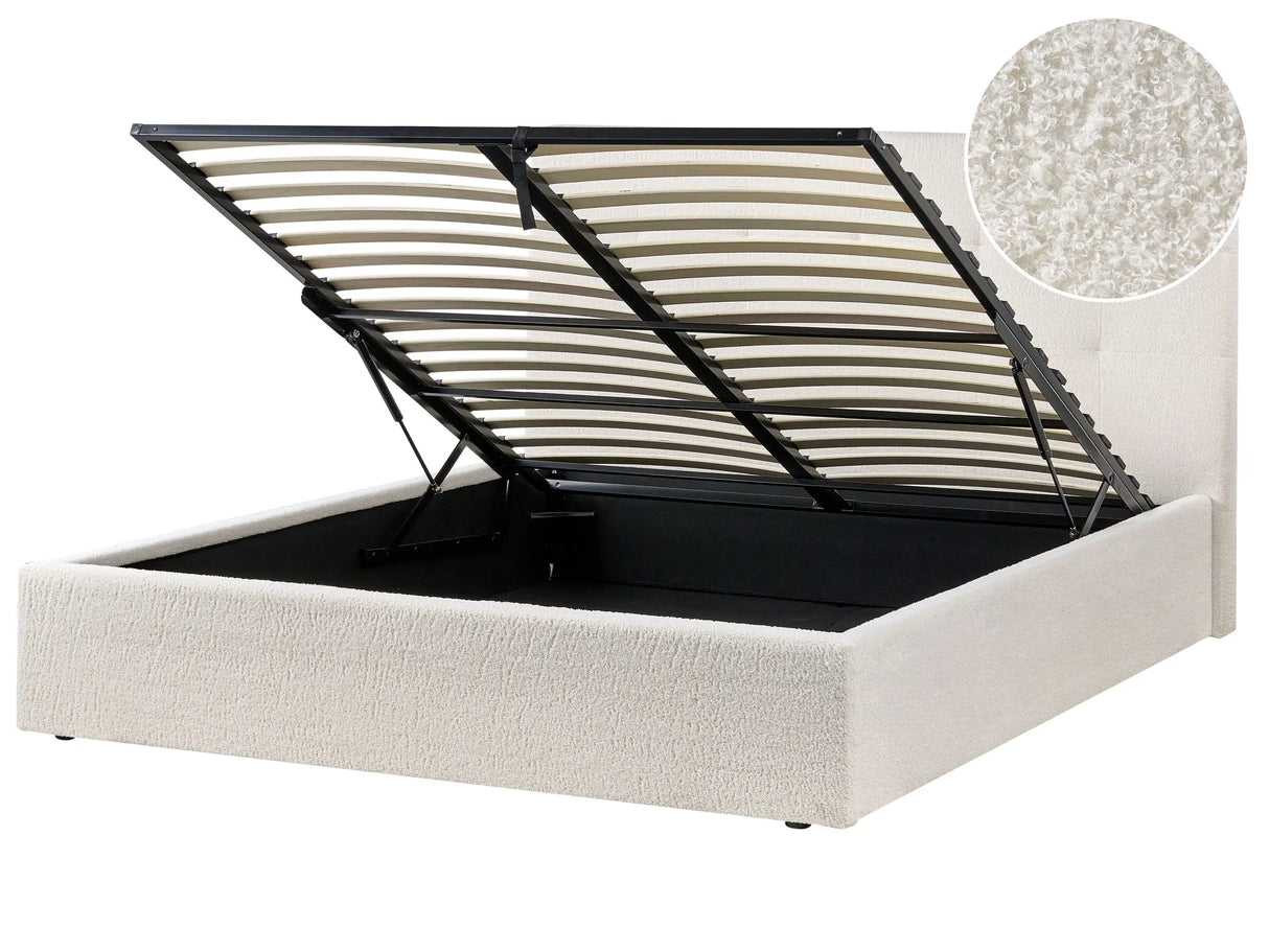 Ottoman Bed Off White Fabric Boucle Upholstery EU King Size Headboard Storage Function Modern Design Beliani
