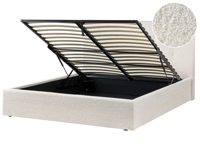 Ottoman Bed Off White Fabric Boucle Upholstery EU King Size Headboard Storage Function Modern Design Beliani