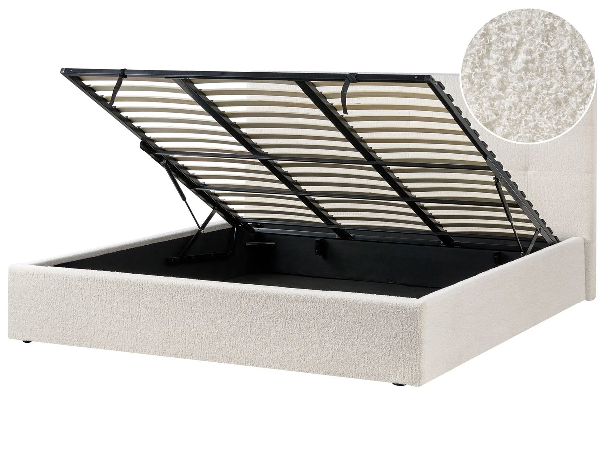 Ottoman Bed Off White  Fabric Boucle Upholstery EU Super King Size Headboard Storage Function Modern Design Beliani