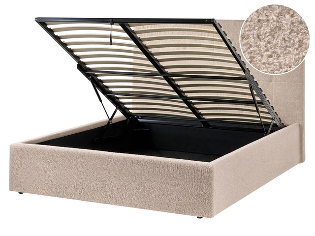 Ottoman Bed Beige Boucle Upholstery EU Double Size Headboard Storage Function Modern Design Beliani