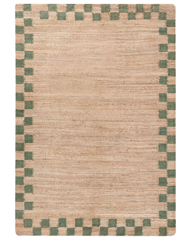 Area Rug Beige and Green Jute Cotton 160 x 230 cm Rectangular Woven Rustic Style Living Room Bedroom Checkered Border Beliani