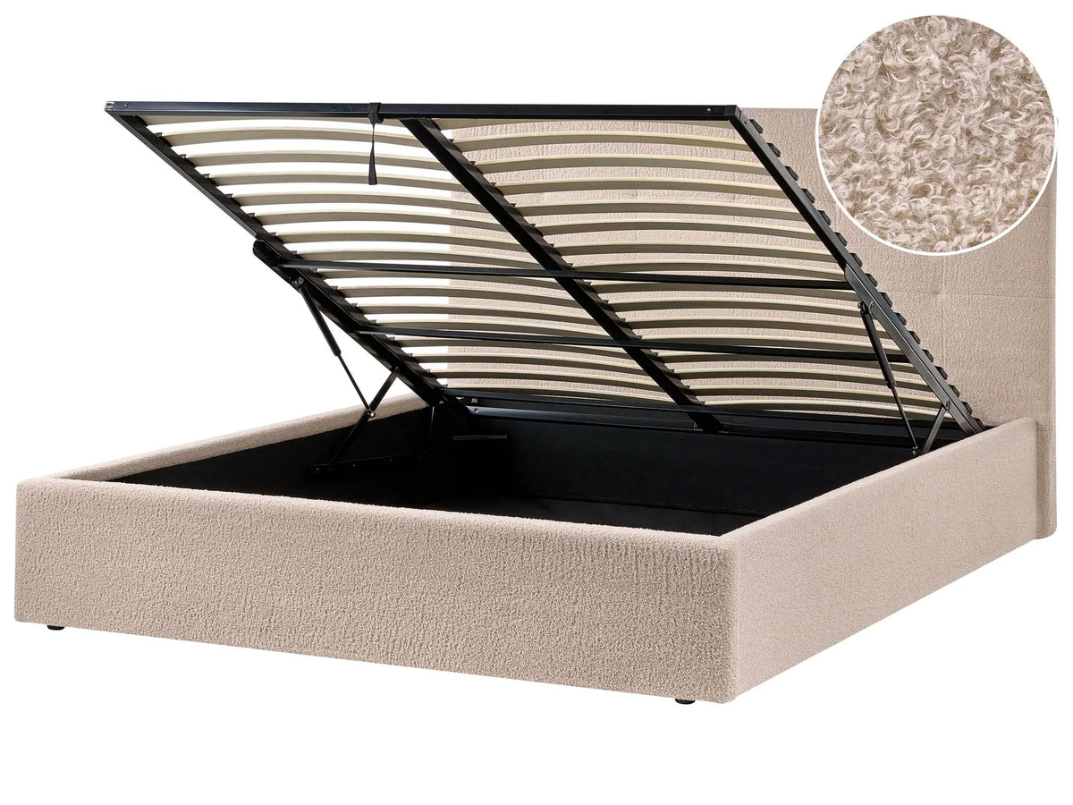 Ottoman Bed Beige Fabric Boucle Upholstery EU King Size Headboard Storage Function Modern Design Beliani