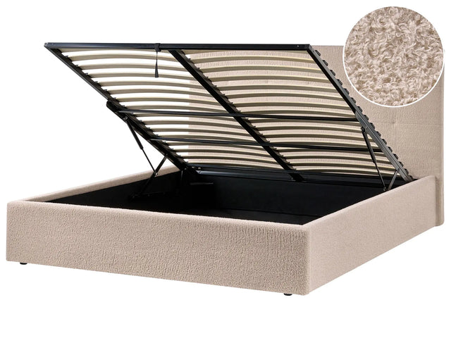 Ottoman Bed Beige Fabric Boucle Upholstery EU King Size Headboard Storage Function Modern Design Beliani