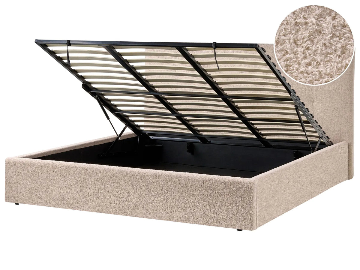 Ottoman Bed Beige Fabric Boucle Upholstery EU Super King Size Headboard Storage Function Modern Design Beliani