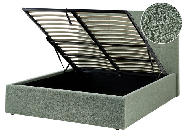 Ottoman Bed Green Boucle Upholstery EU Double Size Headboard Storage Function Modern Design Beliani