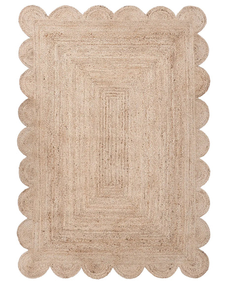 Area Rug Beige Jute 160 x 230 cm Rectangular Braided Scalloped Border Rustic Boho Living Room Bedroom Beliani