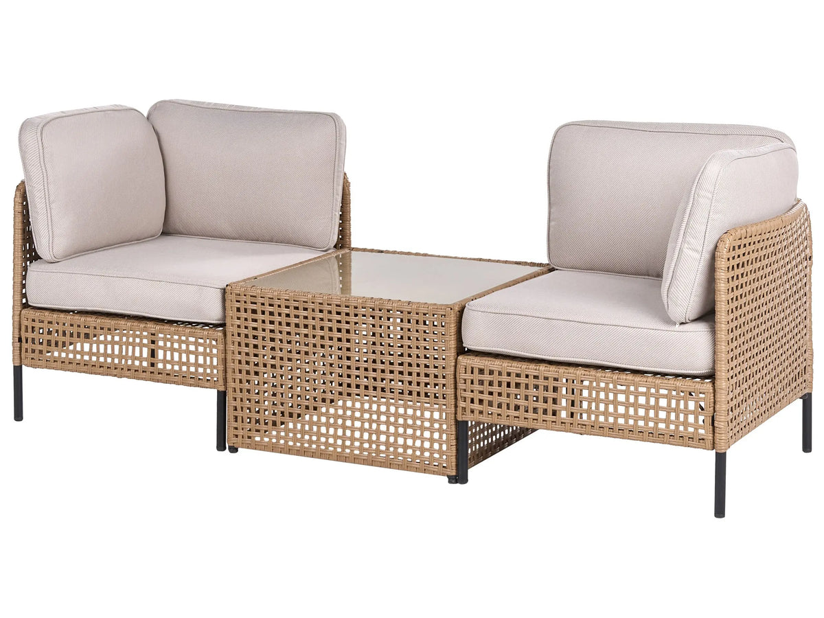 Outdoor Sofa with Coffee Table Light Beige PE Rattan 2 Seater Metal Frame with Seat Backrest Cushions Glass Tabletop Modern Style Garden Patio Terrace Beliani