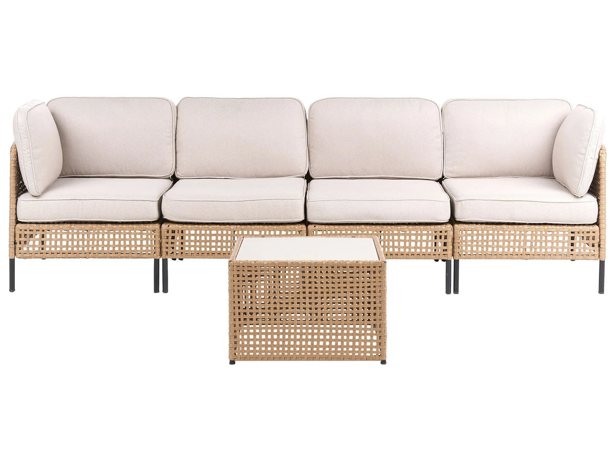 Outdoor Sofa with Coffee Table Light Beige PE Rattan 4 Seater Metal Frame with Seat Backrest Cushions Glass Tabletop Modern Style Garden Patio Terrace Beliani