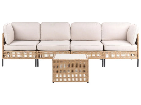 Outdoor Sofa with Coffee Table Light Beige PE Rattan 4 Seater Metal Frame with Seat Backrest Cushions Glass Tabletop Modern Style Garden Patio Terrace Beliani