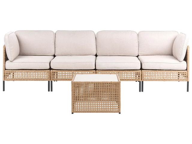 Outdoor Sofa with Coffee Table Light Beige PE Rattan 4 Seater Metal Frame with Seat Backrest Cushions Glass Tabletop Modern Style Garden Patio Terrace Beliani