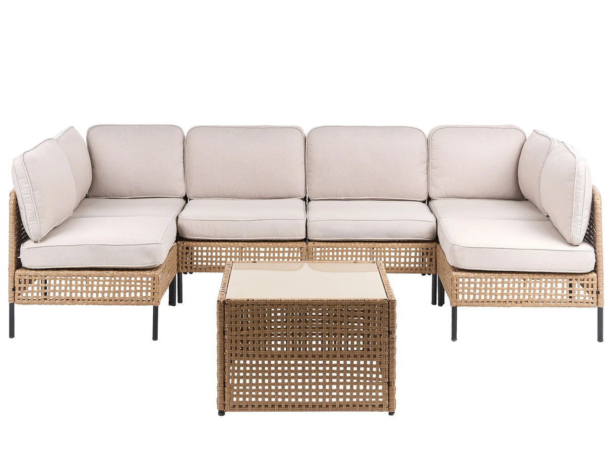 Modular Garden U-Shaped Sofa Light Beige PE Rattan 6 Seater with Glass Coffee Table Metal Frame with Cushions Modern Style Garden Patio Terrace Beliani