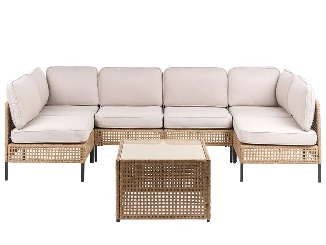Modular Garden U-Shaped Sofa Light Beige PE Rattan 6 Seater with Glass Coffee Table Metal Frame with Cushions Modern Style Garden Patio Terrace Beliani